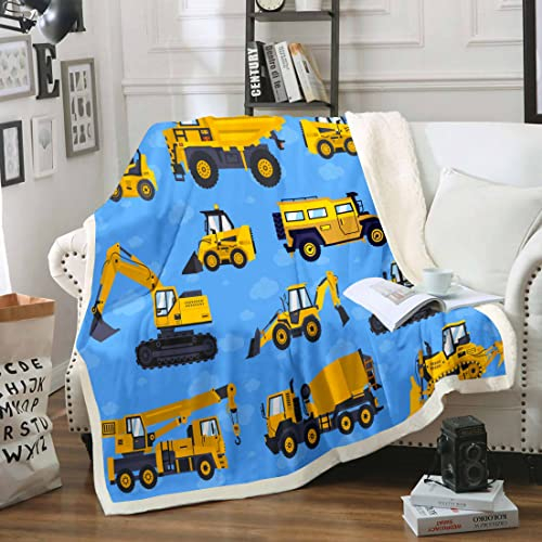 Kinder Bagger Decke Jungen LKW Traktor Plüsch Bettdecke Sherpa Decke 75×100 Für Kinder Mädchen Teens Fahrzeug Fleece Flanell Werfen Decke Auto Kran Baggermaschinen Kuscheldecke Blau Gelb Wohndecke