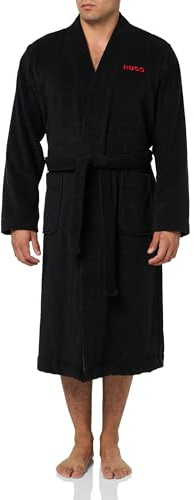 HUGO Mens Long Terry Robe With Embroidered Logo, Stormy Black, Large