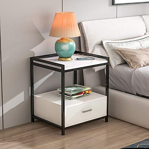 Metall-Beistelltisch mit Schublade, abnehmbarer quadratischer Beistelltisch, Tabletttisch, stabiler Couchtisch mit Metallrahmen, wasserdichter Snack-Tisch für Zuhause, Sofa, Weiß, 40 x 40 x 52 cm