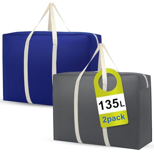 BoloShine 135Lx2 Groß Aufbewahrungstasche Wasserdicht Unterbett Aufbewahrung Tasche mit Reißverschluss, Umzugstaschen Big Seesack Bag für Wäsche Kleidung Kissen Schuhe Bettdecken Camping (Gris + Bleu)