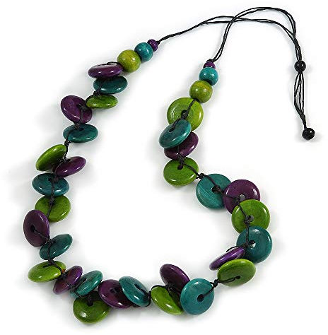 Avalaya Collana con perline in legno e cordoncino nero (viola/foglia di tè/verde lime) – 84 cm L