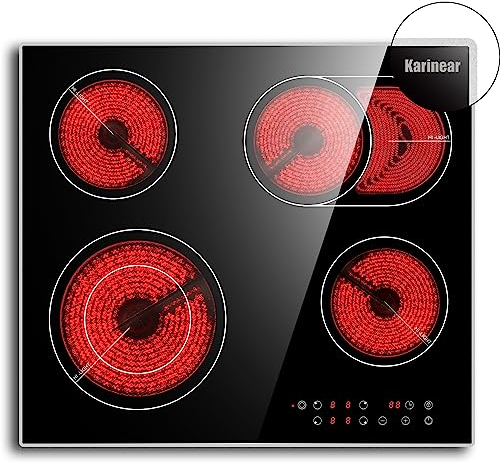 Karinear Placa vitroceramica 4 fuegos,6600 W, Zonas flexibles, Placa vitrocerámica eléctrica integrada, 9 niveles de potencia,Bloqueo para niños, Temporizador, Vitrocerámica negra