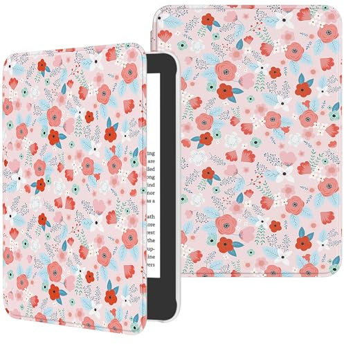 MoKo Étui Compatible avec 6 Kindle(11e Génération Version 2024/2022) & Version Internationale,Coque Légère avec Réveil/Sommeil Automatique pour Liseuse Kindle 2024 11e Gén., Rose de Printemps