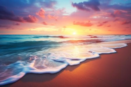 Acryl-Bild 50 x 30 cm: Sonnenuntergang in den Wellen des Meeres am Strand. Generative KI. hochwertige Illustration (212772990)