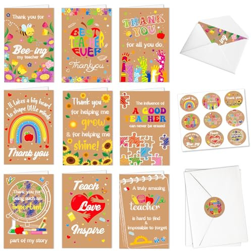 DPKOW Thank You Teacher Cards Multipack, Best Teacher Cards Thank You Teacher Greeting Cards for Thank You Teacher Gifts - 9 Thank You Cards for Teachers with Envelopes + 9 Thank You Teacher Stickers