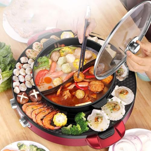 Korean hot pot with grill pan, electric barbecue indoor hot pot multi-functional non-stick outdoor Korean barbecue smoke-free, shabu-shabu pot with divider-independent dual temperature(Size:Splitpot)