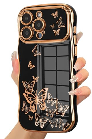 ZTOFERA Hülle für iPhone 14 Pro Max, Lockige Wellen Form Luxus Schmetterling Hülle, Kameraschutz Anti-Kratzer Schutzhülle für iPhone 14 Pro Max - Schwarz