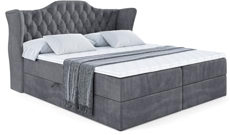 ALTDECOR Boxspringbett mit Matratze und Lattenrost, Boxbett, Topper, Polsterbett mit Bettkasten, Bett mit Stauraum H4-Matratze, Doppelbett, Springboxbett - Vila - 120x200 - Dunkelgrau Samt