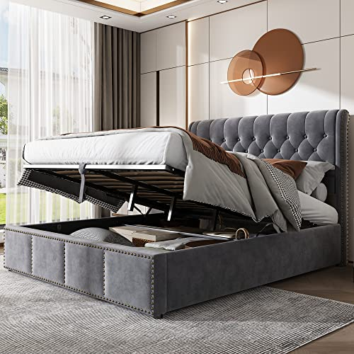 BTM Upholstered Bed, King Size Bed-5FT(150 * 200cm), King Bed Frame with Storage, Ottoman Bed King Size with Hydraulic Lever & Rivet Decoration, No Mattress, Velvet, Grey