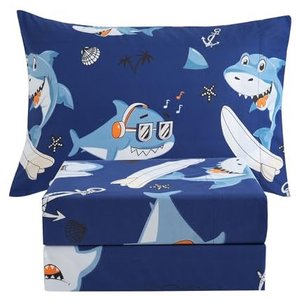 JSD Blue Shark Surfing Kinder-Bettwäsche-Set, Doppelbett, 3-teilig, nautisch bedruckt, Mikrofaser, tiefe Taschen