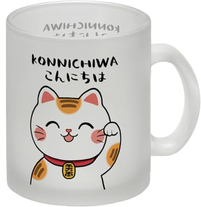 Winkekatze Glas Tasse mit Spruch Konnichiwa Glücksbringer im kawaii Manga-Stil Perfekter Gruß und Danke-Geschenk Glückskatze bringt Freude und Glück