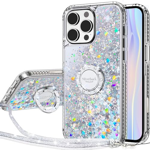 Silverback for iPhone 16 Pro Case, Liquid Holographic Sparkly Glitter Case with Stand and Lanyard, Women Girls Bling Diamond Ring Shockproof Protective Cover for iPhone 16 Pro 6.3''- Silver