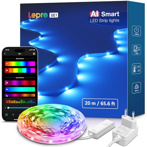 Lepro AI LED Strip SE1, 20M Smart LED Streifen RGB mit App-Sprachbefehle, Musik Sync, KI-Lichtdesign-Assistent, kompatibel mit Alexa&Google Assistant, für Party/Zuhause, Keine Fernbedienung