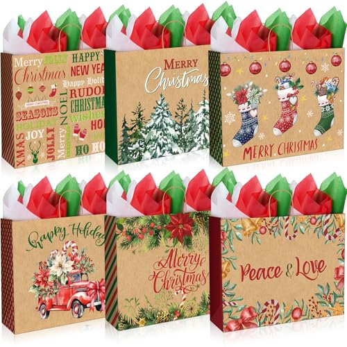 12 extra große Weihnachts-Geschenktüten mit 12 Seidenpapier, Jumbo-Kraftpapiertüten für Geschenke, 6 Stile, Weihnachtsgeschenktüten zum Verpacken von Weihnachtsgeschenken, Partygeschenken