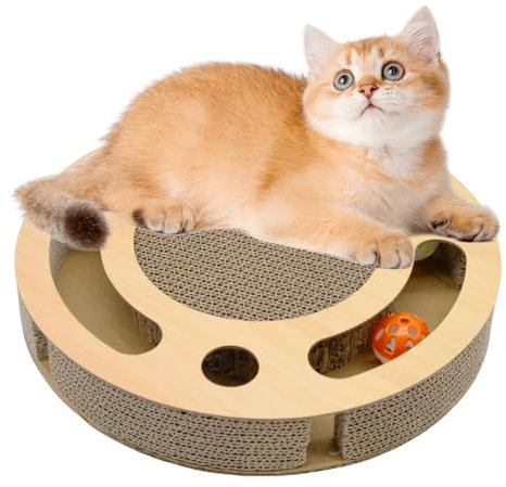 3 in 1 Cat Scratching Board, Round Cat Scratcher with Bell Balls and Catnip, Catnip Scratcher Cardboard Scratch Pad Scratchers Pad Bed Toy for Indoor Cats (33×33×5 cm)