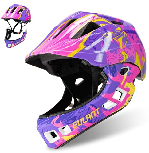 EULANT Children’s Full Face Helmet with Chin Guard, Bicycle Helmet for Girls and Boys Aged 6 Years, Fits Head Size 48-56 cm (Pink Purple, Medium=52-56cm/20.5-22inch)