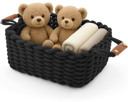 Aufbewahrungskorb Geflochten, Waschbar und Faltbar, Körbchen mit Ledergriffen, Aufbewahrungs box ideal für Accessoires, Kosmetika, das Badezimmer