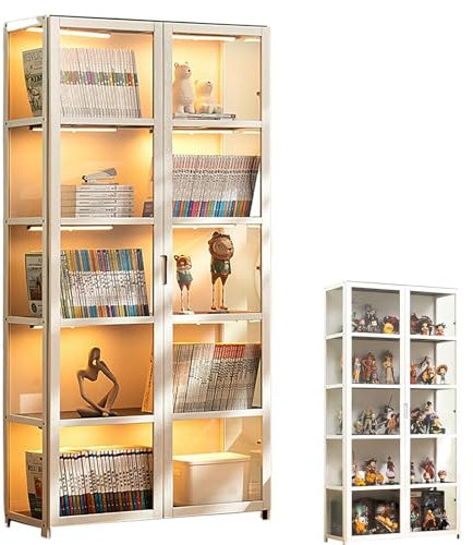 Pounjsd bücherregal glastüren, vitrine Weiß 82×33×162cm, Vitrinenschrank Eckvitrine Glasvitrine Standvitrine, Stehend Sammlervitrine, glasvitrine vitrine, Curio-Schrank, Doppeltür