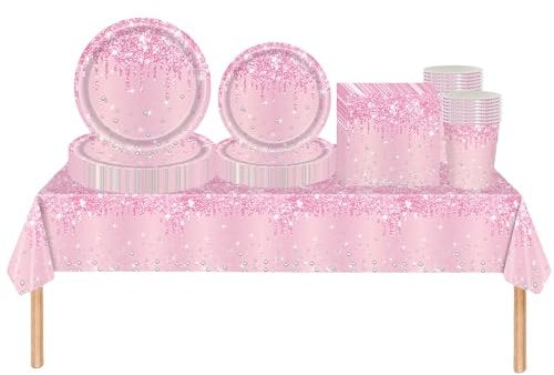 Set da tavola in plastica, 69 pezzi, rosa confetto, con brillantini, tovaglia, piatti di carta, tovaglioli e bicchieri, set di stoviglie usa e getta per ragazze, compleanno, matrimonio, baby shower,