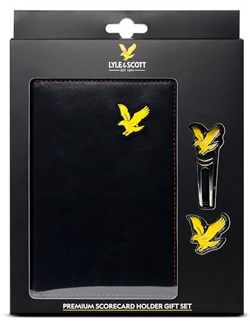 Lyle & Scott Golf Gifts: Premium Leather Golf Scorecard Holder Gift Set with Metal Eagle Ball Marker and Divot Tool, Stitching, Two-Tone Design, Elastic Straps - Perfect Golf Gift