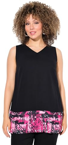 Ulla Popken Damen große Größen Übergrößen Plus Size Blusentop, Plissee-Saum, A-Linie, V-Ausschnitt, ärmellos schwarz 50+ 834984100-50+