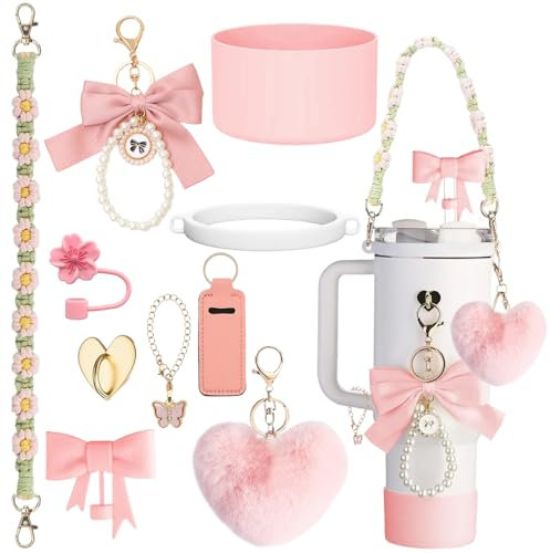 10 PCS Purple Cup Accessories for Stanley Cup Including Handle Strap Bottle Cover Silicone Straw Cover Boot Butterfly Pearl Keychain Lipstick Set Stanley-Charms for Stanley Cup 40 oz/30 oz (Pink)