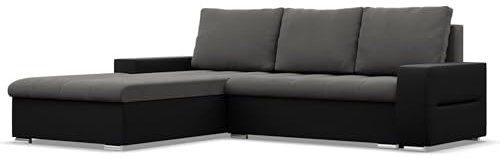 Mebligo - Ecksofa mit Schlaffunktion und Bettkasten Aurora, Eckcouch mit Ottomane Links, Sofa L Form (BxTxH) 243 x 200 x 92 cm, Couch Wohnzimmer, Ecke Sofa, Dunkelgrau + Schwarz (Samt und Kunstleder)