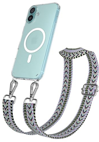 EAZY CASE Handykette - Verstellbares Taschenband kompatibel mit iPhone 16 Plus, Schulterriemen, Handykordel mit Silikon Hülle, Qi Charging kompatibel, Umhängetasche, Lila Grün Silber