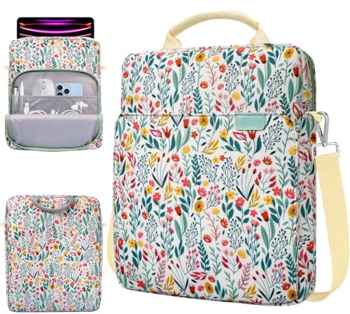 TiMOVO 13 Inch Tablet Sleeve Handbag for iPad Air 13 Inch M3 2025, iPad Pro 13/12.9, Galaxy Tab S9+/S10+/S9 FE Plus 12.4, with Shoulder Strap and Metal Hooks, Flowers