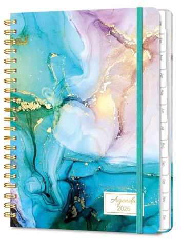 Kalender 2026 Buchkalender A5, 12 Monate Terminkalender mit Wochenplaner von Januar bis Dezember 2026 - Spiralgebundener Taschenkalender Terminplaner - Cyan Marmor