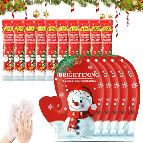 Handmaske für Sehr Trockene Hände, 5 Paar Handmaske Weihnachten+10 Stück Mini Handcreme Weihnachten, Hand Mask Tiefenpeeling für Glattere Haut, Weihnachts Geschenk für Familie, Freunde und Sich Selbst