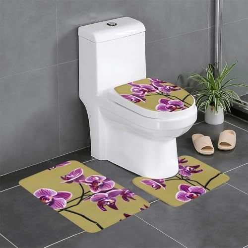 BLWSLC Badvorleger, Motiv: schöne Orchideen, 3-teilig, geeignet für U-förmige Toiletten, Badewannen und Duschräume