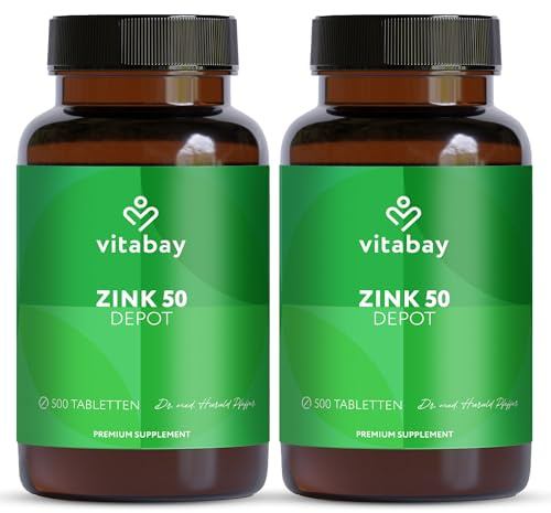 Vitabay Zink 50 mg hochdosiert – 1.000 teilbare Tabletten – Zinkgluconat | für Immunsystem, Haut, Haare & Nägel – vegan & laborgeprüft in Deutschland – 2er Bundle