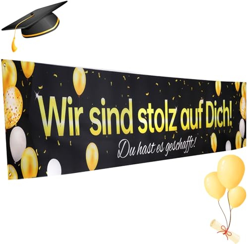 Srotmirw 1 Stück Abschluss Banner mit deutschem Spruch Wir sind stolz auf Dich Schwarz Gold Ballonmuster Stoffbanner für Abschlussfeier Wanddekoration