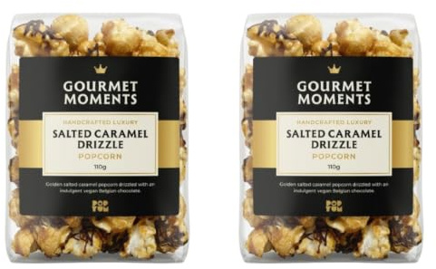 Gourmet Moments Salted Caramel Chocolate-Drizzle Popcorn, 2x 110g Bags | Vegan & Gluten-Free Belgian Chocolate Popcorn, Movie Night Snacks l Gluten-Free & Vegan Food Gift | Halal & Kosher Snack