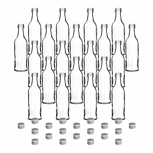 gouveo 20er Set Glasflaschen 50 ml Lina mit Schraubverschluss silberfarben - Mini Flasche 0,05 l zum Befüllen - Glasfläschchen für Likör, Schnaps, Öl oder zum Basteln