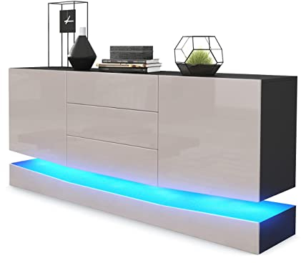 Vladon Sideboard City, Made in Germany, Schwarz matt/Sandgrau Hochglanz inkl. LED - Moderne Kommode für Ihr Wohnbereich (178 x 72 x 38 cm)