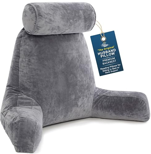 Husband Pillow XXL Dark Grey Backrest with Arms - Adult Reading Pillow Shredded Memory Foam, Ultra-Comfy Removable Microplush Cover & Detachable Neck Roll, Unmatched Support Bed Rest Sit Up Pillow