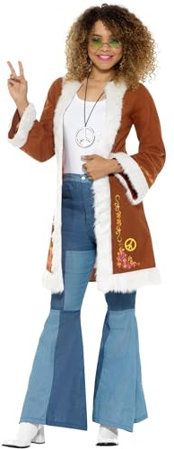 Smiffys Retro Afghan Coat, Brown with Fur Trim, 1960's Groovy Fancy Dress, 1960s Dress Up Costumes