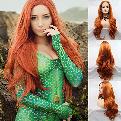 Mera Princess Cosplay Frisur Lange Gelb Orange Wellenförmige Synthetische Lace Front Perücken Mix Farbe Gelb Orange Perücken für Frauen Hitzebeständige Faser Haar Ersatz Perücke Lockige Weiche