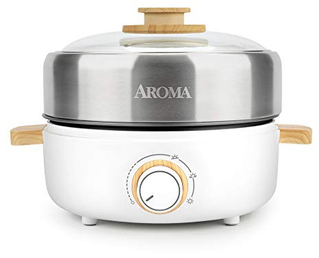 Aroma Housewares AMC-130 Whatever Pot, Indoor Grill, Cooking, Hot Pot with Glass Lid, Bamboo Handles, 2.5L, Stainless Steel/White