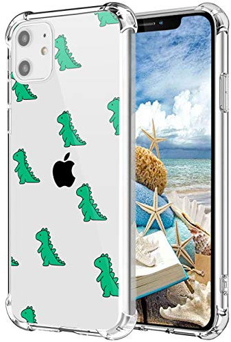 MAYCARI Cute Dinosaur Case Clear for iPhone 11, Cartoon Animals Design Transparent Shockproof Anti-Scratch Soft Flexible TPU Cover with Air Cushion for Men&Women