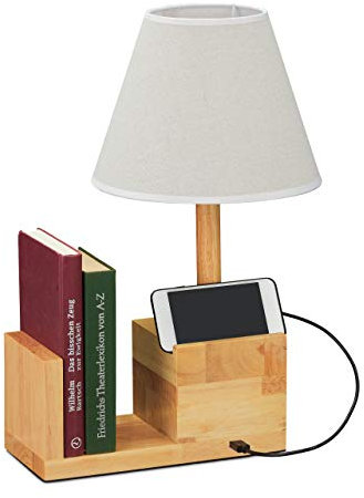Relaxdays Tischlampe Holz, mit USB-Anschluss, Buchstütze & Handyhalter, E27, Nachttischlampe, Stoffschirm, natur/creme, 10032641, 45 x 32 x 23 cm