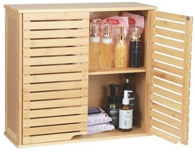 HYNAWIN Armoire de salle de bain à fixation murale, organiseur de rangement au-dessus des toilettes, armoire à pharmacie à 2 niveaux en bambou avec étagère réglable, armoire à double porte pour salle