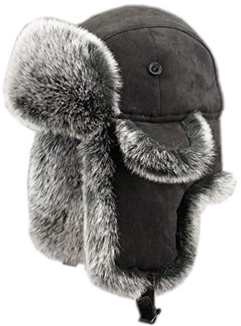 HAORUN Herren Trapper-Mütze, Sport, russischer Kosaken, Kunstfell, Wildleder, warm - Schwarz - XL (62 cm)