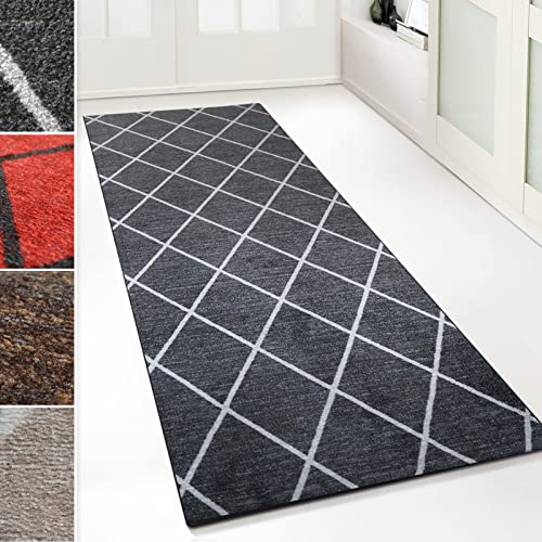 Floordirekt Teppich-Läufer Cosenza | Modernes Rauten-Design | Hochwertige Verarbeitung | Rutschhemmender Gelrücken | Erhältlich in 5 Farben & vielen Größen (80 x 250 cm, Schwarz)