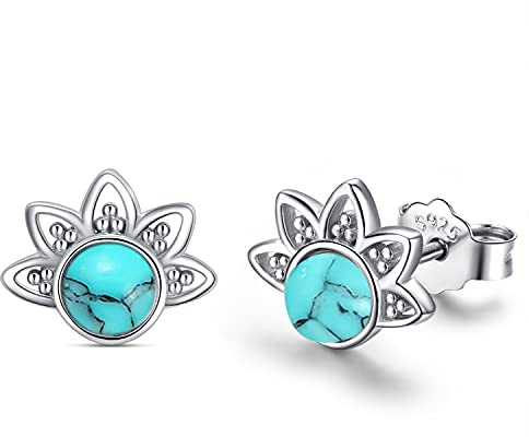 Turquoise Earrings 925 Sterling Silver Flower Stud Earrings Lotus Hypoallergenic Flower Earrings Jewellery Gifts for Women Teens Girls Best Friend