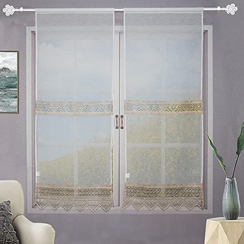 Coppia Tendine Finestra Con Pizzo Ricamato Fiore Tenda Cucina Moderna Lino-Poliestere Shabby Chic Tinta Unita 2 Unità Bianco (Amore Beige, 60x240cm)