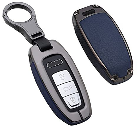 HIBEYO Autoschlüssel Hülle passt für Audi A6 A7 A8 Q7 Q8 E-Tron 3-Tasten Autoschlüssel Keyless Schutzhülle Schlüsselhülle Geeignet Cover Leder Schlüsselbox Smart Schlüssel Autozubehör-Schwarz Blau