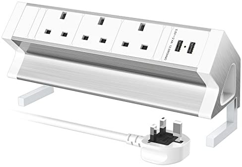 Power Socket With 2 USB Slots, Extension Lead 3 Way Plug and Desk Mount Clamp, Aluminium Power Strip Desktop Outlet for Edge 1.8in, 1.8M Extension Cords, 2500W/13A